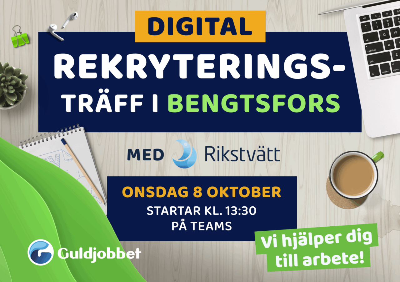 Poster för digital rekryteringsträff på Guldjobbet i Bengtsfors för våra Rusta och Matcha-deltagare
