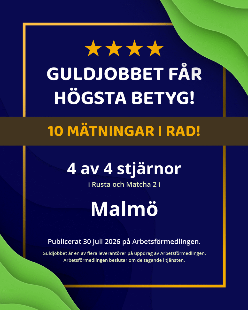 Guldjobbet i Malmö får högsta betyg som Rusta och Matcha-leverantör för tionde gången i rad! Betyget gavs av Arbetsförmedlingen den 30 juli 2026